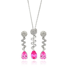 Load image into Gallery viewer, Sterling Silver Rhodium Plated Clear and Pink Round and Teardrop CZ Drop Stud Earring and Necklace Set
