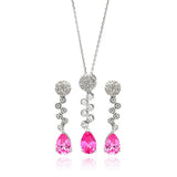 Sterling Silver Rhodium Plated Clear and Pink Round and Teardrop CZ Drop Stud Earring and Necklace Set