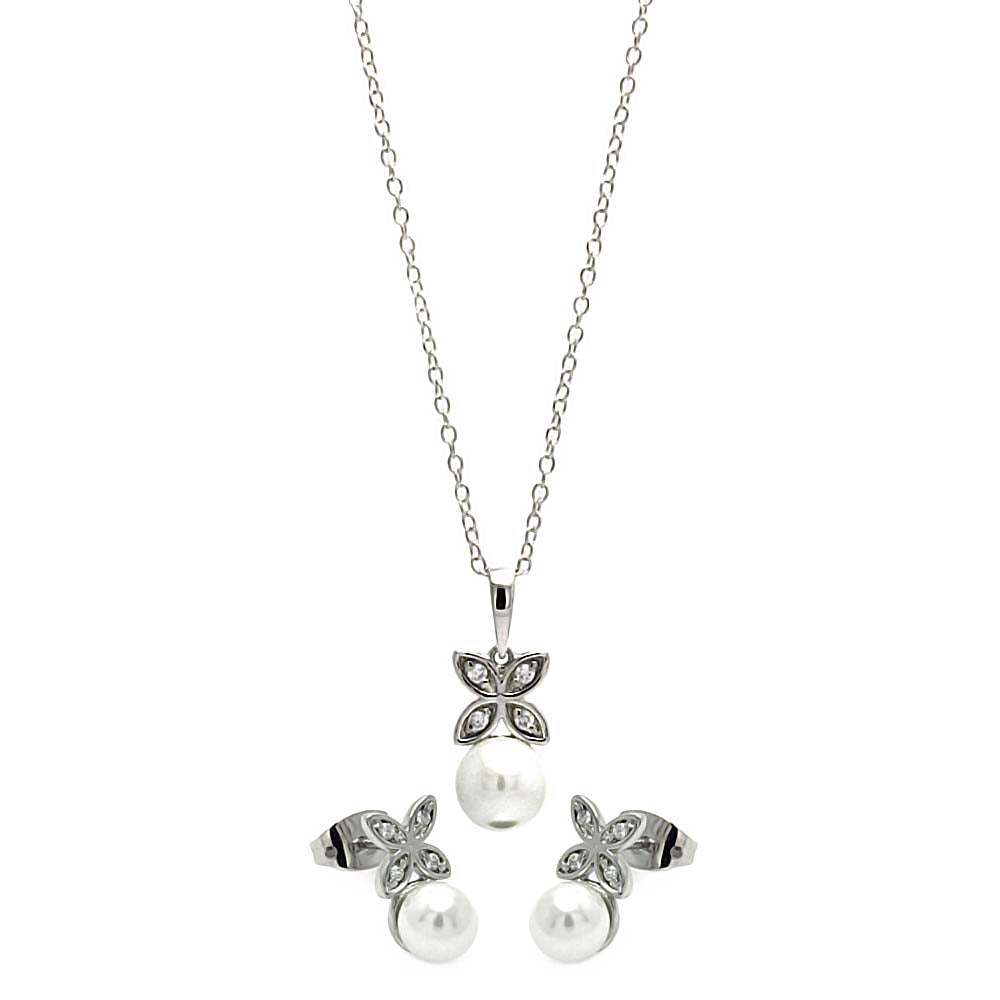 Sterling Silver Rhodium Plated Clear CZ Hanging Pearl Butterfly Set With CZ  Stones