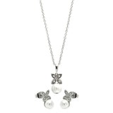 Sterling Silver Rhodium Plated Clear CZ Hanging Pearl Butterfly Set With CZ  Stones