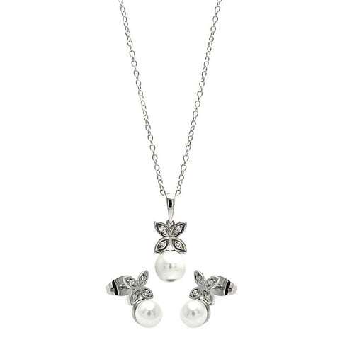 Sterling Silver Rhodium Plated Clear CZ Hanging Pearl Butterfly Set With CZ  Stones