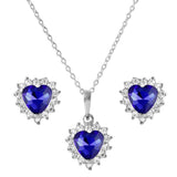 Sterling Silver Rhodium Plated Round and Heart Shaped Clear and Blue CZ Dangling Stud Earrings and Necklace Set