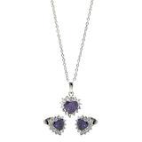 Sterling Silver Rhodium Plated Purple Heart Cluster Set