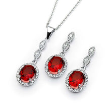 Load image into Gallery viewer, Sterling Silver Rhodium Plated Red Oval CZ Dangling Set