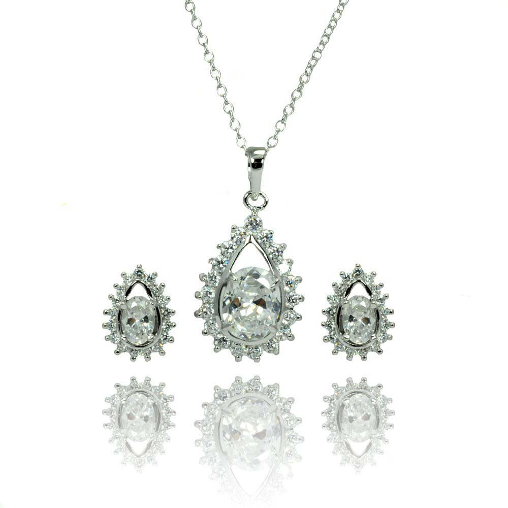 Sterling Silver Rhodium Plated Teardrop Cluster CZ Stud Matching Set
