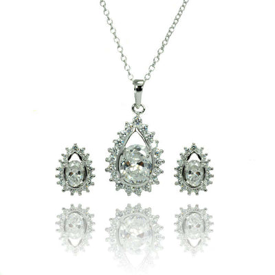 Sterling Silver Rhodium Plated Teardrop Cluster CZ Stud Matching Set