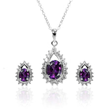 Load image into Gallery viewer, Sterling Silver Rhodium Plated Purple Teardrop Cluster CZ Stud Matching Set