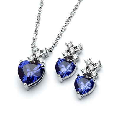 Sterling Silver Rhodium Plated Clear Round Blue Heart CZ Stud Set