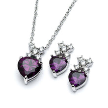 Load image into Gallery viewer, Sterling Silver Rhodium Plated Clear Round Purple Heart CZ Stud Set