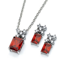 Load image into Gallery viewer, Sterling Silver Rhodium Plated Red Rectangle CZ Stud Matching Set
