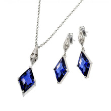 Load image into Gallery viewer, Sterling Silver Rhodium Plated Clear Inlay Blue Diamond Shaped CZ Dangling Stud Earring and Dangling Necklace Set