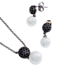 Load image into Gallery viewer, Sterling Silver Oxidized Rhodium Plated Black Pearl Drop CZ Dangling Set