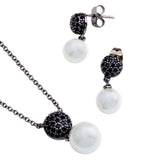 Sterling Silver Oxidized Rhodium Plated Black Pearl Drop CZ Dangling Set