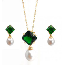 Load image into Gallery viewer, Sterling Silver Gold Plated Pearl Drop Diamond Shaped Green CZ Dangling Stud Earring and Dangling Necklace Set