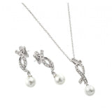 Sterling Silver Rhodium Plated Pearl Drop Overlapping Ribbon CZ Hanging Stud Earring and Hanging Necklace Set With CZ  Stones
