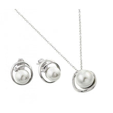 Load image into Gallery viewer, Sterling Silver Rhodium Plated Pearl Winding Wrap Single Clear CZ Stud Earring and Necklace Set With CZ  Stones