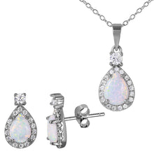 Load image into Gallery viewer, Sterling Silver Rhodium Plated Halo Teardrop Set With Synthetic Opal And CZ