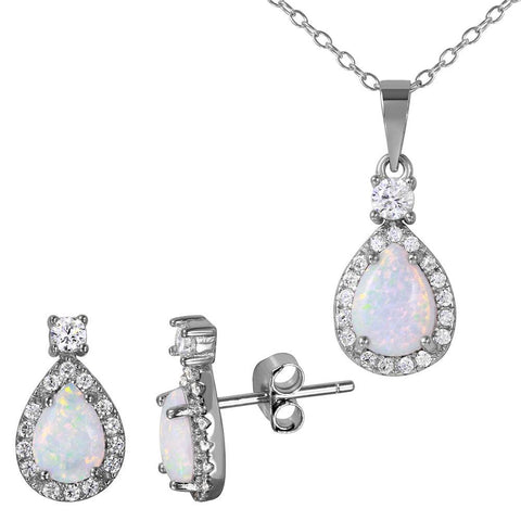 Sterling Silver Rhodium Plated Halo Teardrop Set With Synthetic Opal And CZ