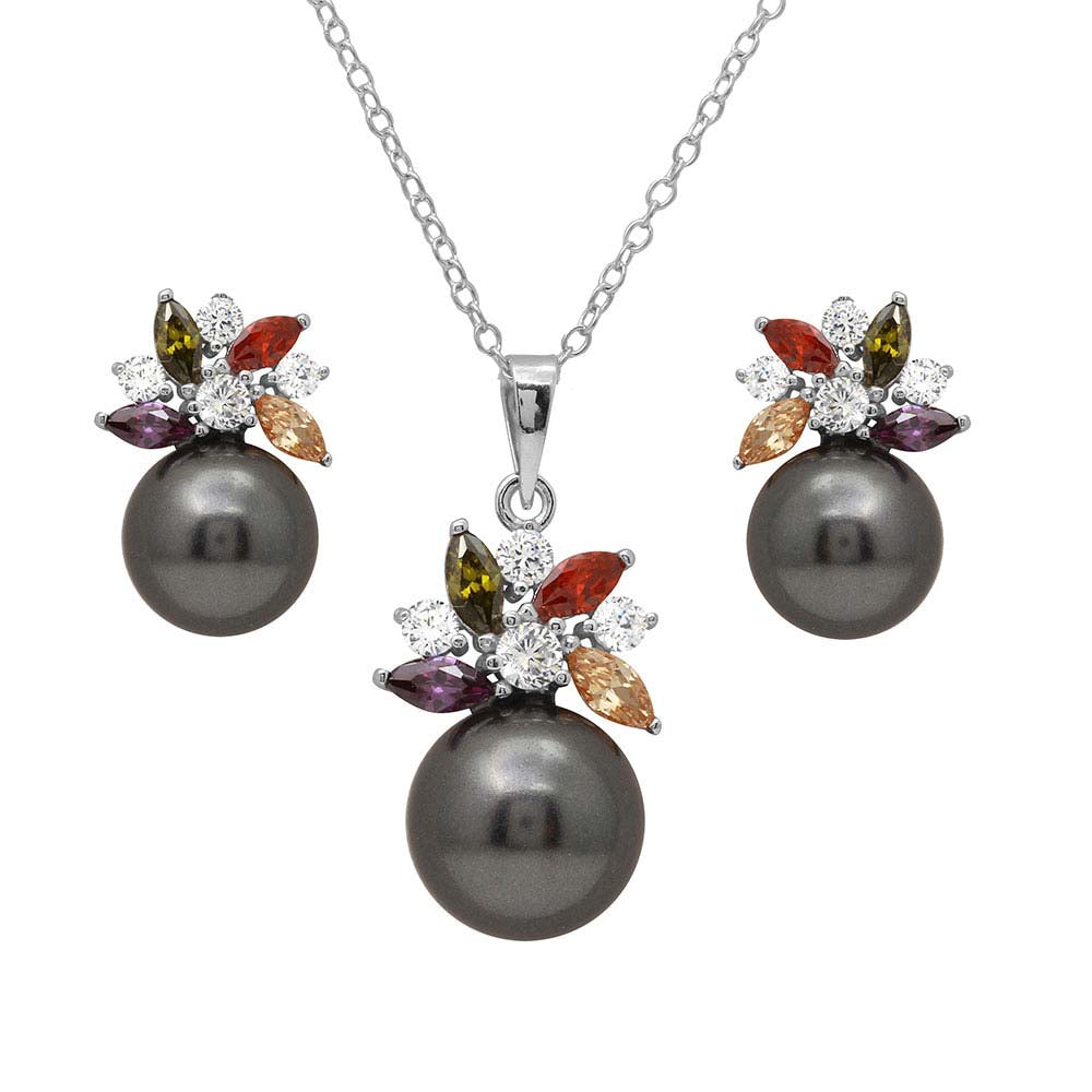 Sterling Silver Rhodium Plated Multi CZ Flower Set with Synthetic Black Pearl With CZ  Stones