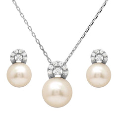 Sterling Silver Rhodium Plated Fresh Water Pearl with CZ Stones Sets With CZ  Stones