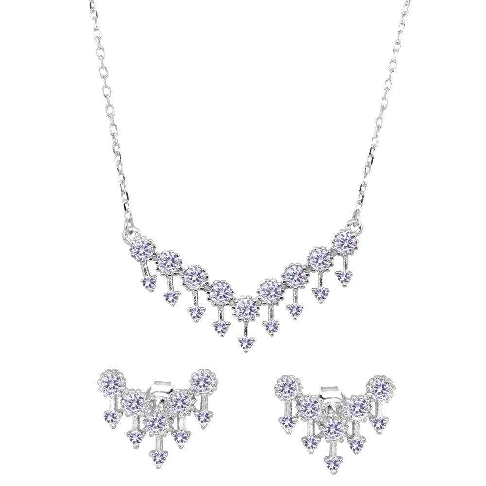 Sterling Silver Rhodium Plated V Arrows Set with CZ Necklace