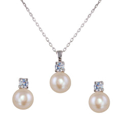 Sterling Silver Rhodium Plated Synthetic Pearl Earring and Necklace Set with CZ