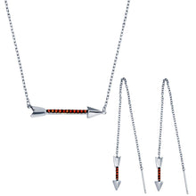 Load image into Gallery viewer, Sterling Silver Rhodium Plated Arrow Pendant Necklace and Dangling Earrings Set with Red CZ