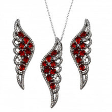 Load image into Gallery viewer, Sterling Silver Black Rhodium Plated Wing Pendant With Red CZ And Earrings Set
