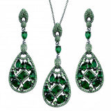 Sterling Silver Rhodium Plated Dangling Teardrop With Green CZ Necklace and Earrings Set