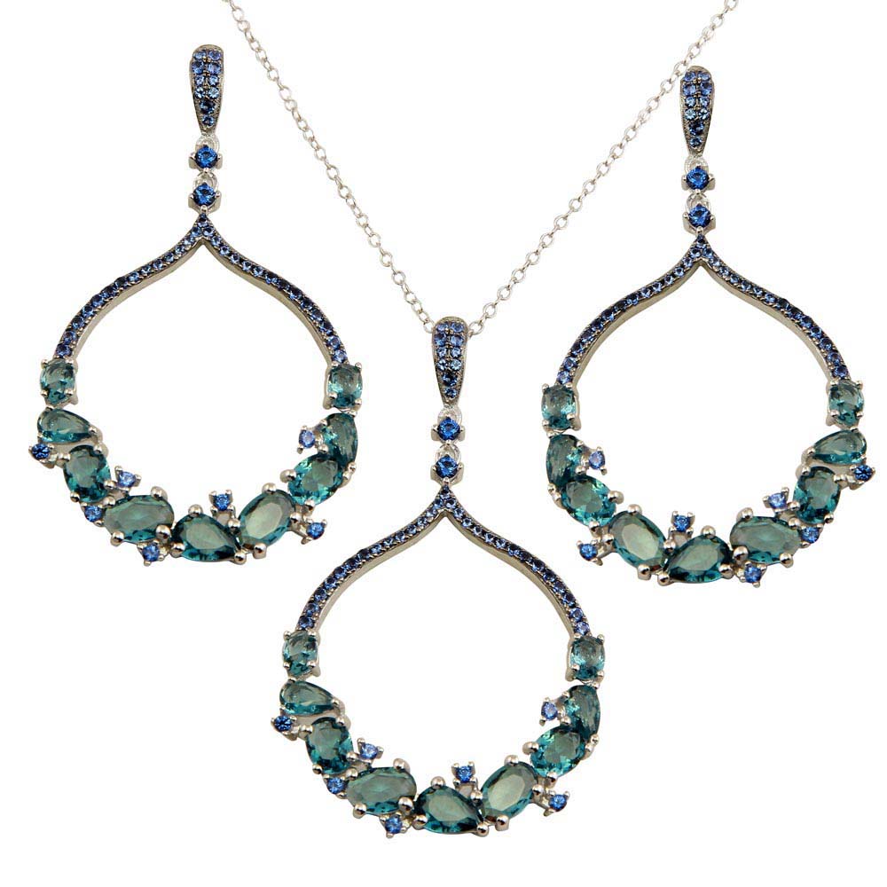 Sterling Silver Rhodium Plated Dangling Round Pendant with Teal Blue CZ