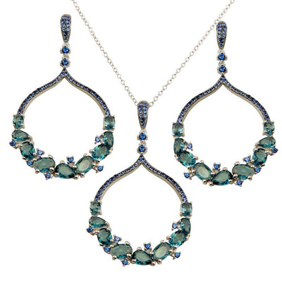 Sterling Silver Rhodium Plated Dangling Round Pendant with Teal Blue CZ