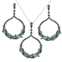 Sterling Silver Rhodium Plated Dangling Round Pendant with Teal Blue CZ
