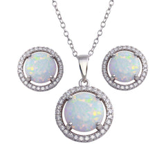 Sterling Silver Rhodium Plated Synthetic Opal Halo Jewelry Set