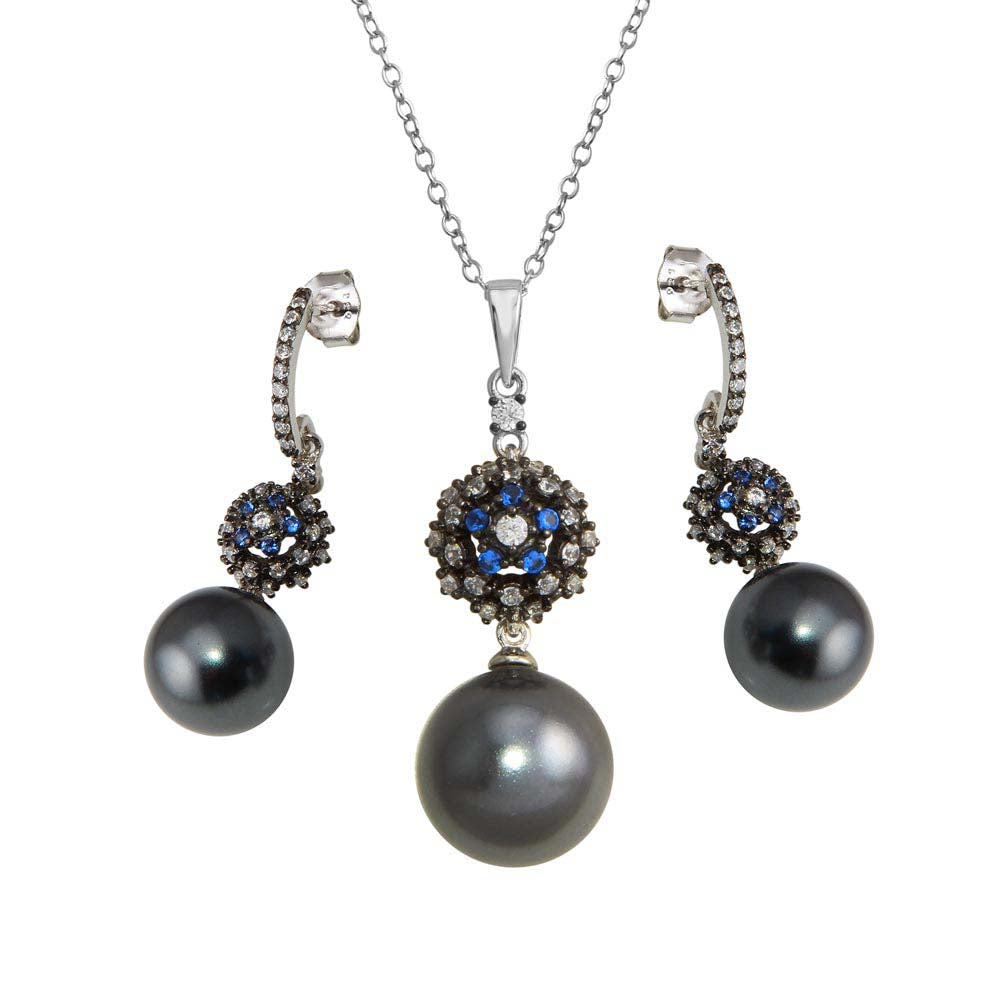 Sterling Silver Rhodium Plated Synthetic Black Pearl Necklace with CZ