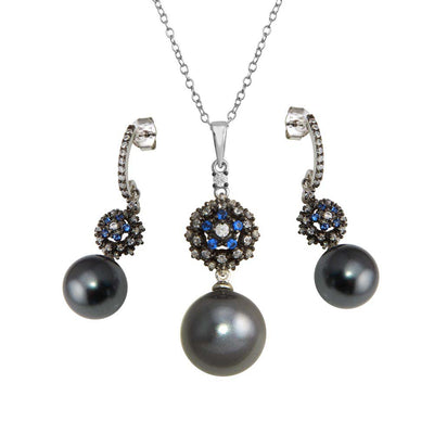 Sterling Silver Rhodium Plated Synthetic Black Pearl Necklace with CZ