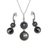 Sterling Silver Rhodium Plated Synthetic Black Pearl Necklace with CZ