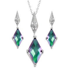Sterling Silver Rhodium Plated Diamond Shape Synthetic Mystic Topaz CZ Set