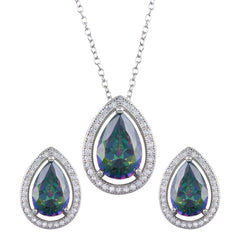 Sterling Silver Rhodium Plated Halo Teardrop Synthetic Mystic Topaz CZ Set
