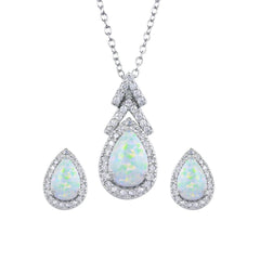 Sterling Silver Rhodium Plated Synthetic Opal Teardrop CZ Set