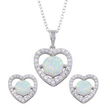 Load image into Gallery viewer, Sterling Silver Rhodium Plated Synthetic Opal Heart CZ Set