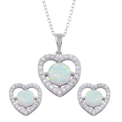 Sterling Silver Rhodium Plated Synthetic Opal Heart CZ Set