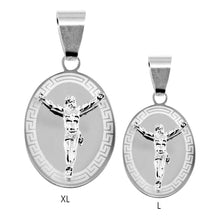 Load image into Gallery viewer, Sterling Silver High Polished Large Celtic Border Oval Crucifix 56mm x 27mm Medallion Pendant