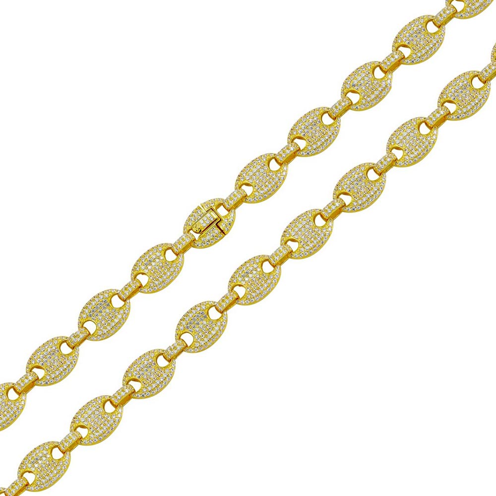 Sterling Silver Gold Plated 10.5mm CZ Encrusted Oval Link Chains