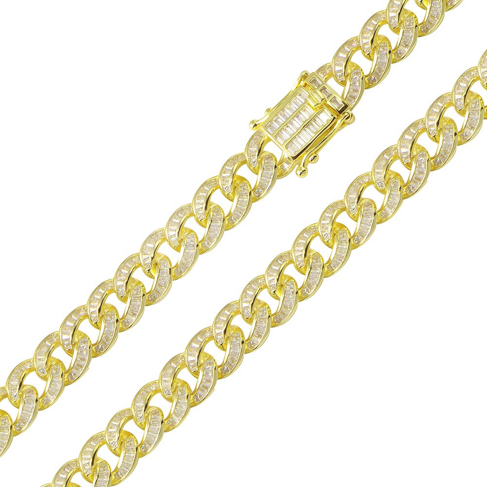 Sterling Silver Gold Plated 10.9mm Baguette CZ Encrusted Curb Chains