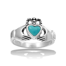 Load image into Gallery viewer, Sterling Silver High Polished Claddagh Ring with Turquoise Heart