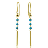Sterling Silver Gold Plated Dangling Three Turquoise Bead With Matte Gold Bar Earrings