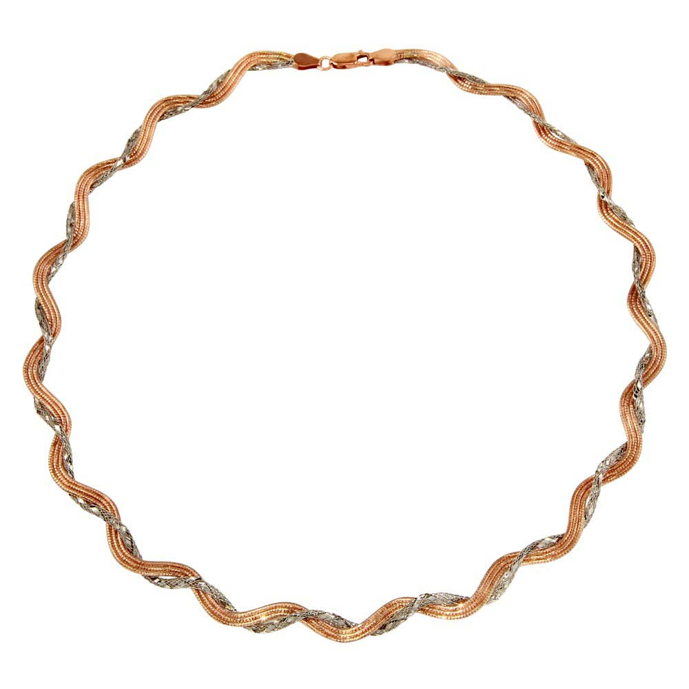 Sterling Silver Two Toned Rose Gold Plated Braided Mesh And Omega Round Necklace