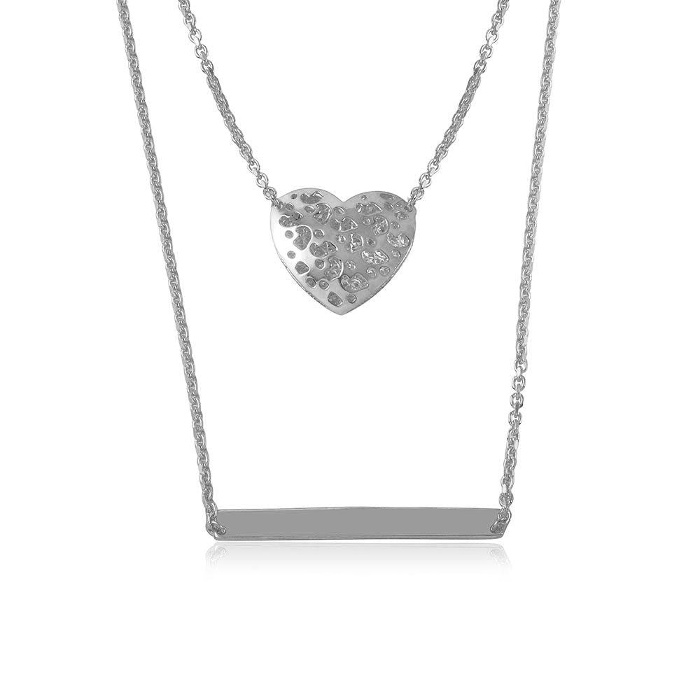 Sterling Silver Rhodium Plated Double Chain Heart And Bar Necklace