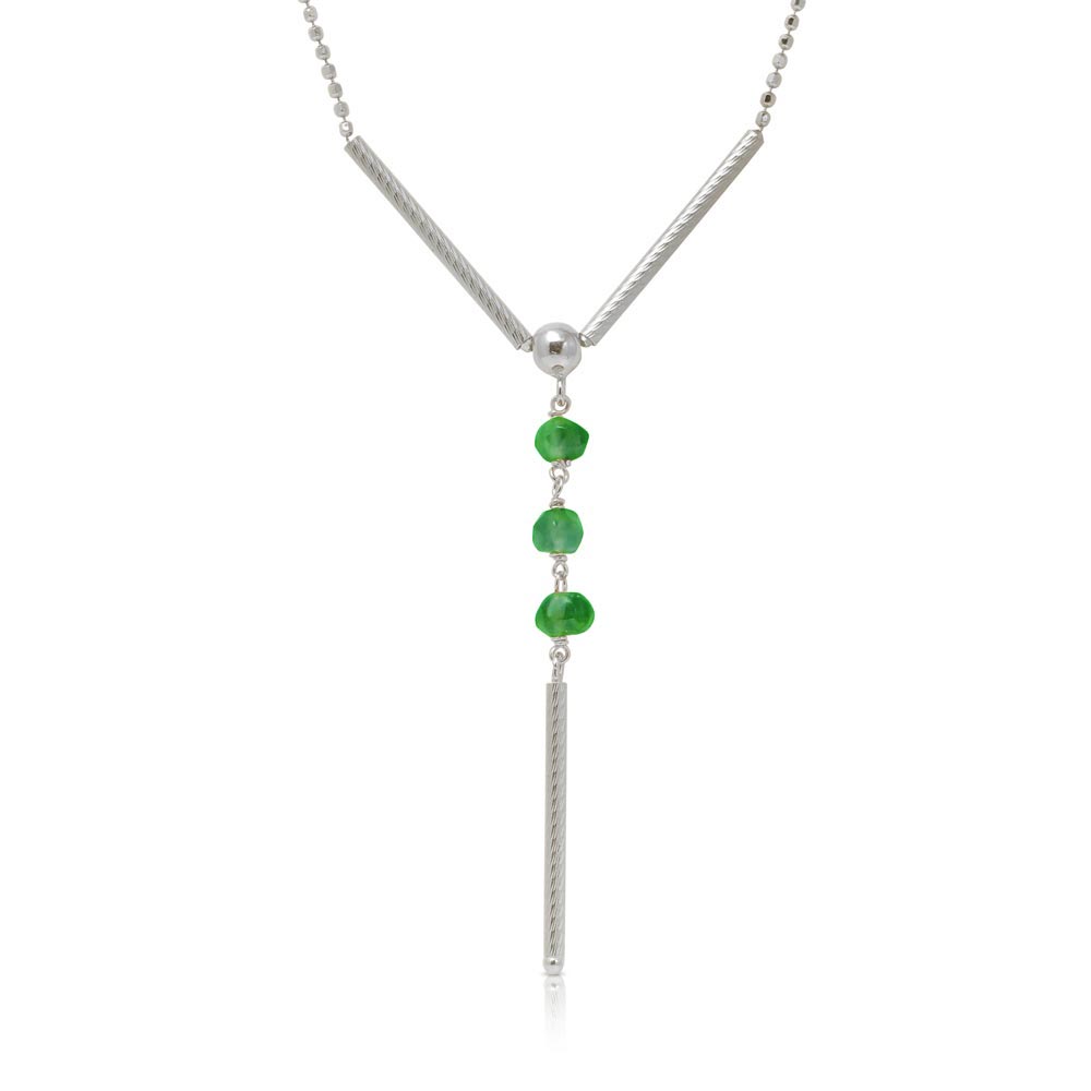 Sterling Silver Rhodium Plated DC Bead Chain with Dangling Green Beads