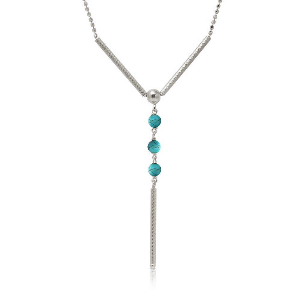 Sterling Silver Rhodium Plated DC Bead Chain with Dangling Turqouise Beads Necklace